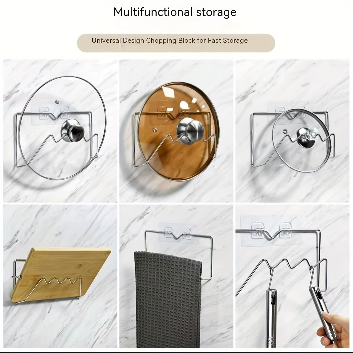 Wall-Mounted Stainless Steel Kitchen Organizer with Hooks for Pot Lids and Cutting Boards