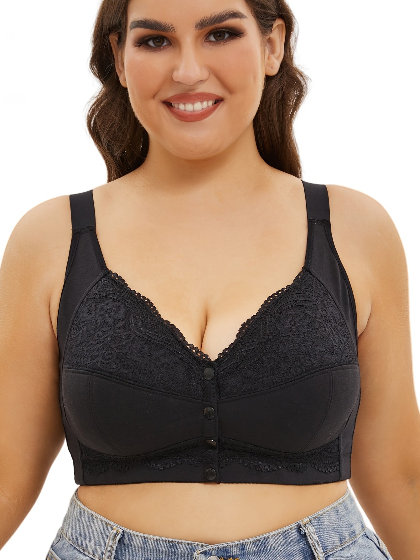 Women's Plus Size Lace Front Closure Underwear with Adjustable Straps Wireless Bra