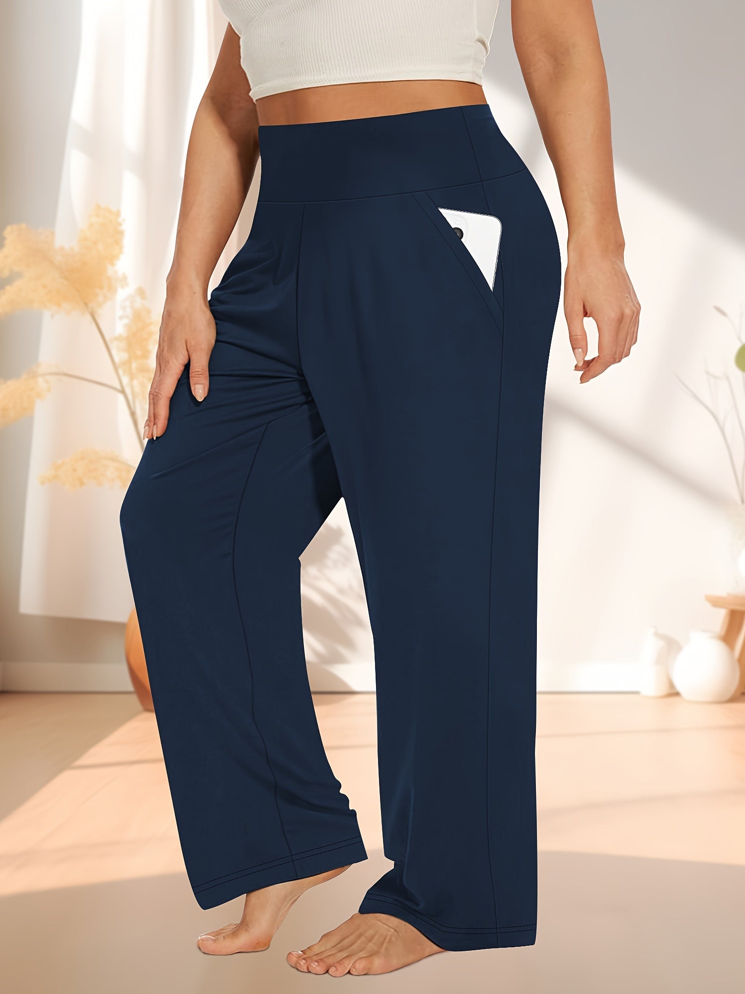 ayollar uchun kattaroq o'lchamdagi yuqori belli keng oyoqli nafas oladigan yoga shimlari, cho'ntaklar bilan