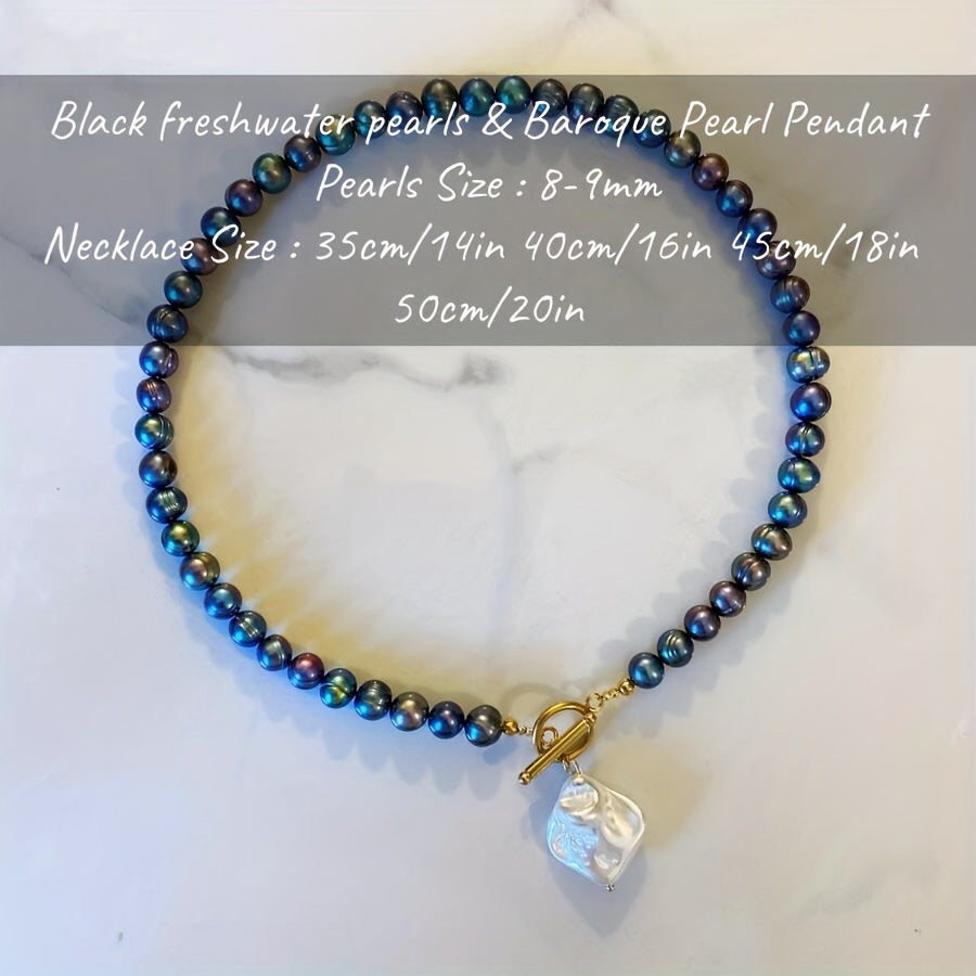 MYSOYA Vintage Elegant Baroque Qora Shirin Suv Marvarid Pendanti Zanjir 8-9mm, Tabiiy Iyul Tug'ilgan Kuni To'pi, Qo'lda Yasalgan, U uchun Ideal Sovg'a, Har Kunlik Kiymak Uchun Mos, Maxsus Tadbirlar va Bayramlar Uchun, Sovg'a Qutisi Bilan Birga Keltiriladi