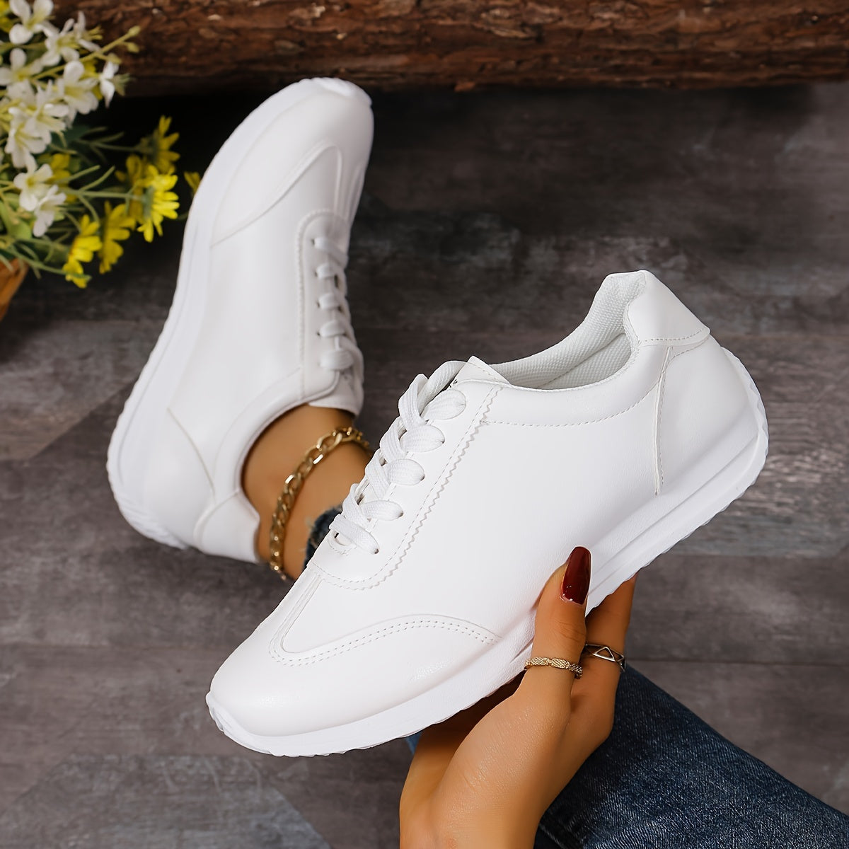 Women's Casual Sneakers Solid Color Lace-Up Platform Non-Slip Rubber Sole