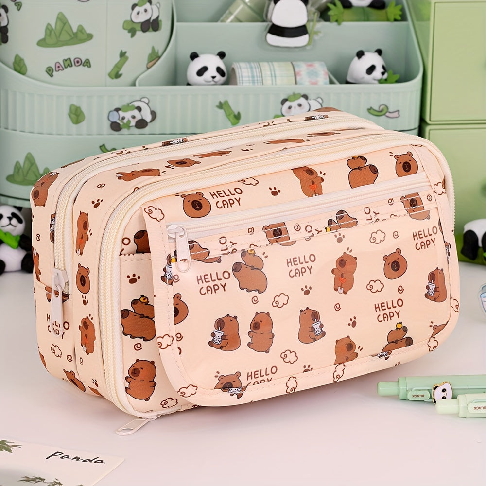 Kids Boys Girls Panda Cartoon Pencil Case with Multi-Layer Organizer Oxford Fabric Storage Box