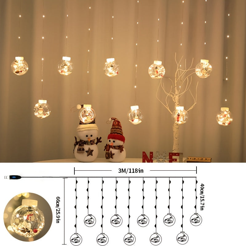 USB-Powered LED Curtain Lights with Snowman Pendant and Blinking Yellow Light for Holiday Decor
