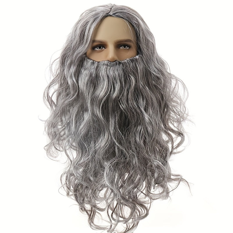 Long Grey Wavy Beard Wig for Men Cosplay Halloween Christmas Party Synthetic Heat-Resistant