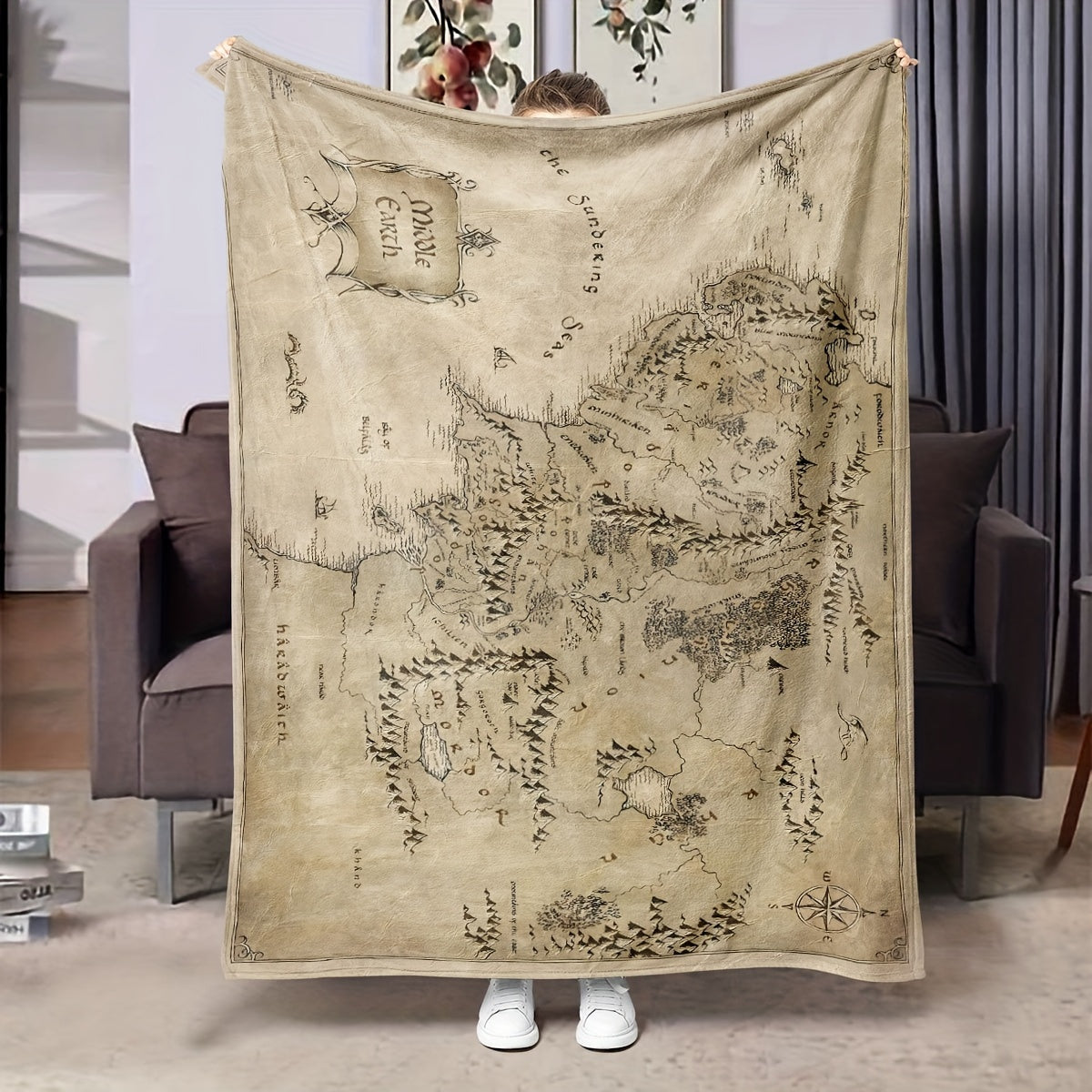 All-Season Throw Blanket with Lord of the Rings Map Design for Couch Bed Travel