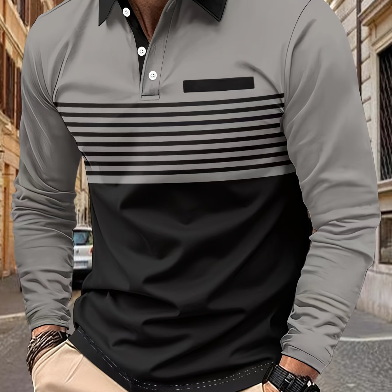 Men's Long Sleeve Color Block Golf Shirt with Striped Pattern and Slight Stretch