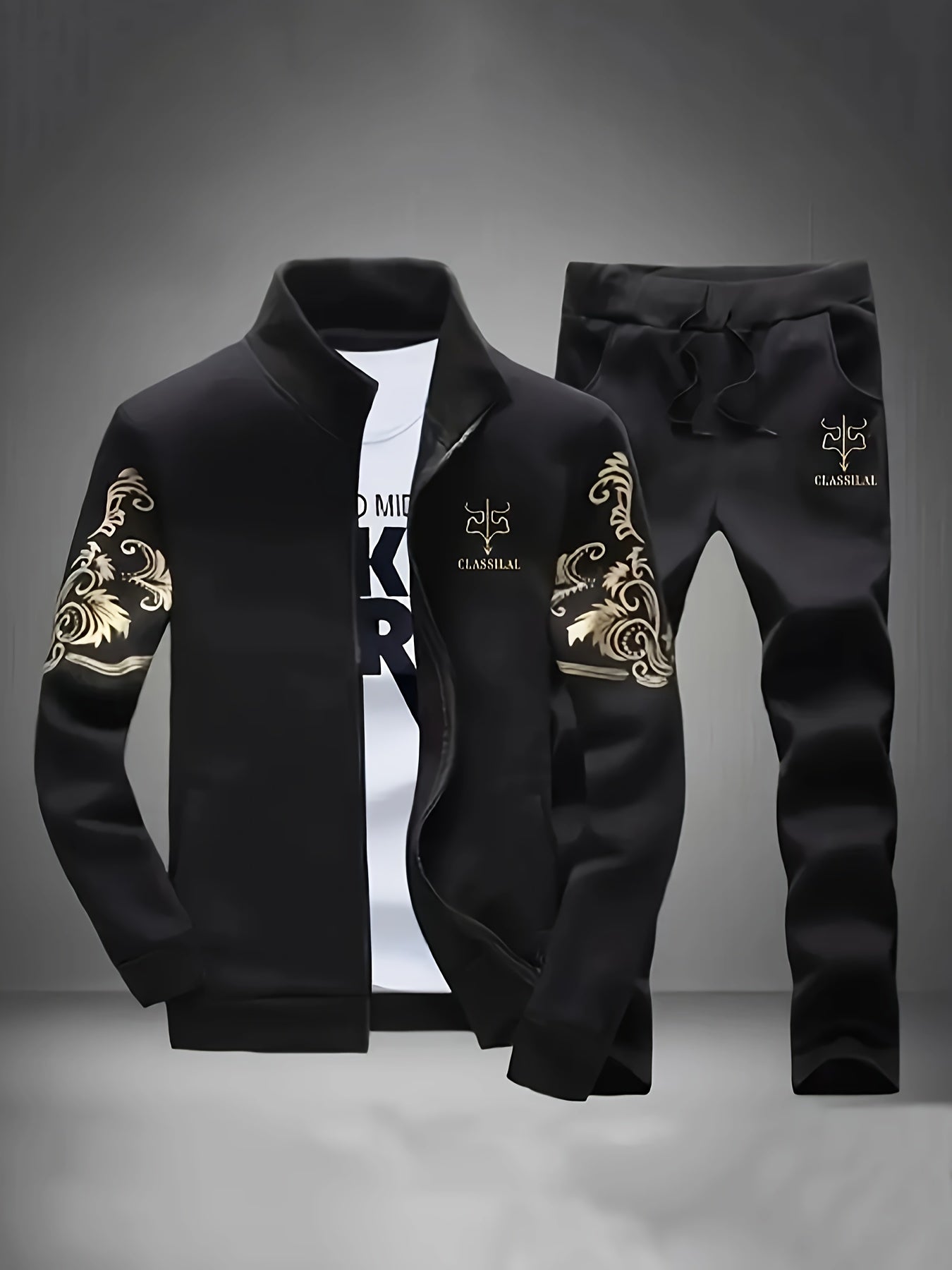 Men's Polyester Long Sleeve Sports Suit with Collared Neck and Print for Spring and Autumn