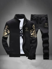 Men's Polyester Long Sleeve Sports Suit with Collared Neck and Print for Spring and Autumn