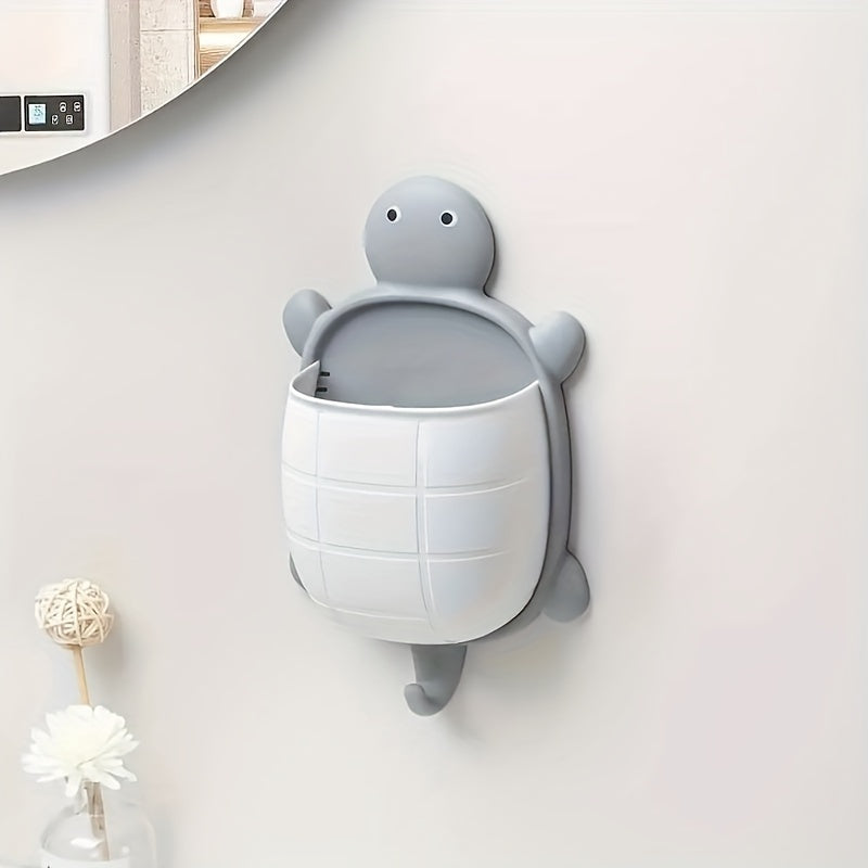 Turtle-Shaped Wall-Mounted Remote Control Holder with Self-Adhesive Storage for Bathroom and Makeup Organization