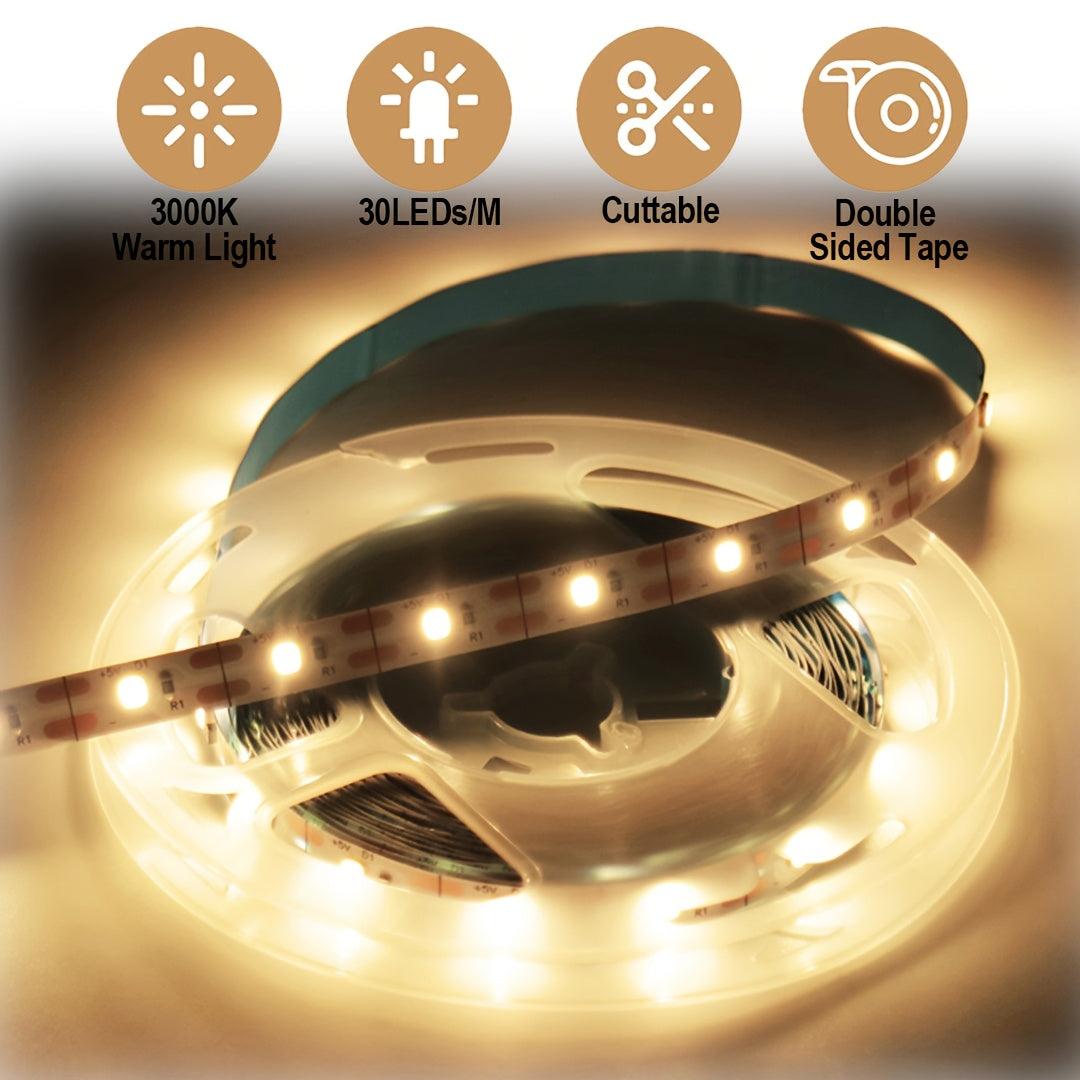 1 шт. Светодиодные ленты на батарейках 5 В в белом и теплом свете для спальни, вечеринки, фона телевизора, гостиной, кемпинга и DIY декора - Идеально для освещения шкафов!