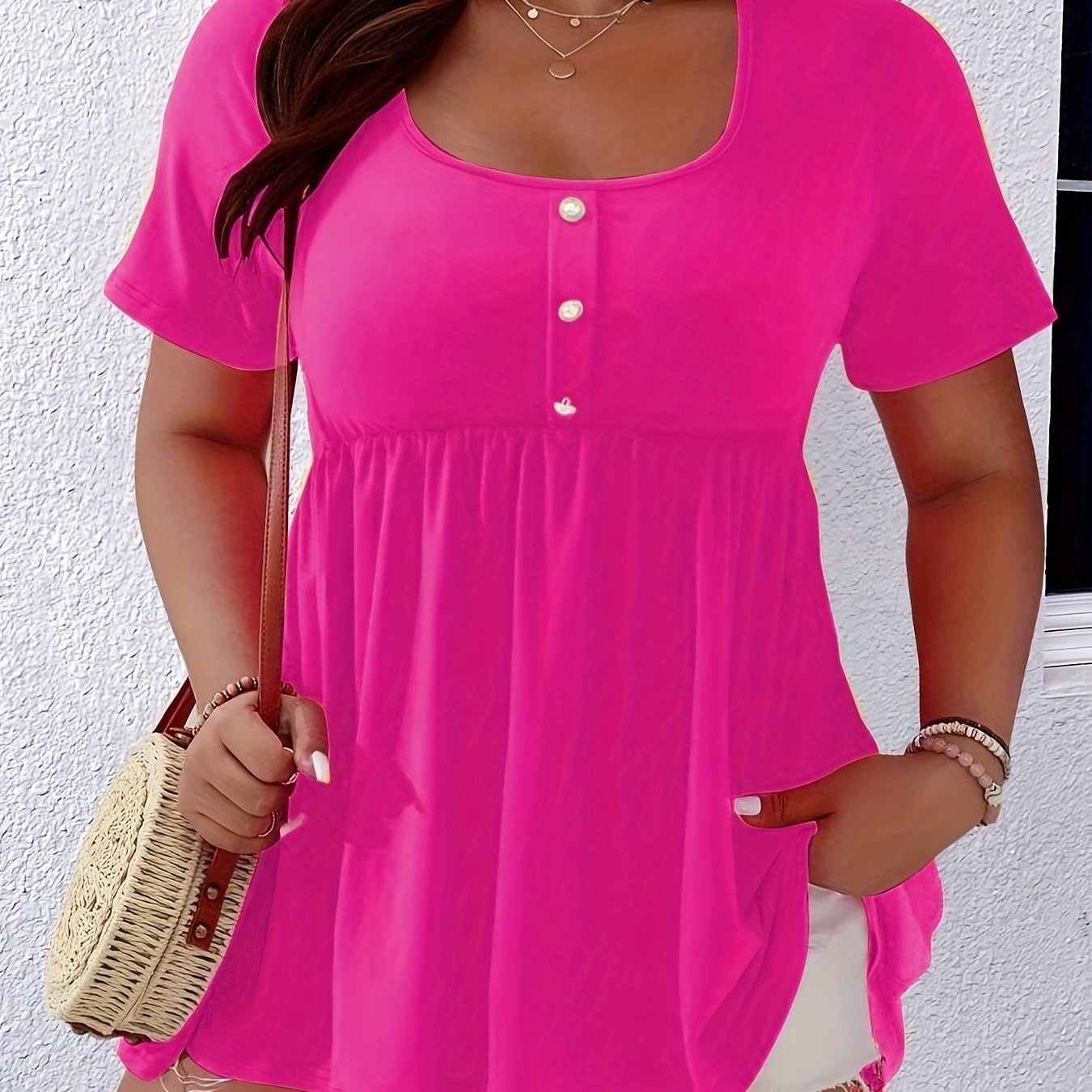 Mujer talla grande blusa de botones negra manga corta ropa casual de tela elástica