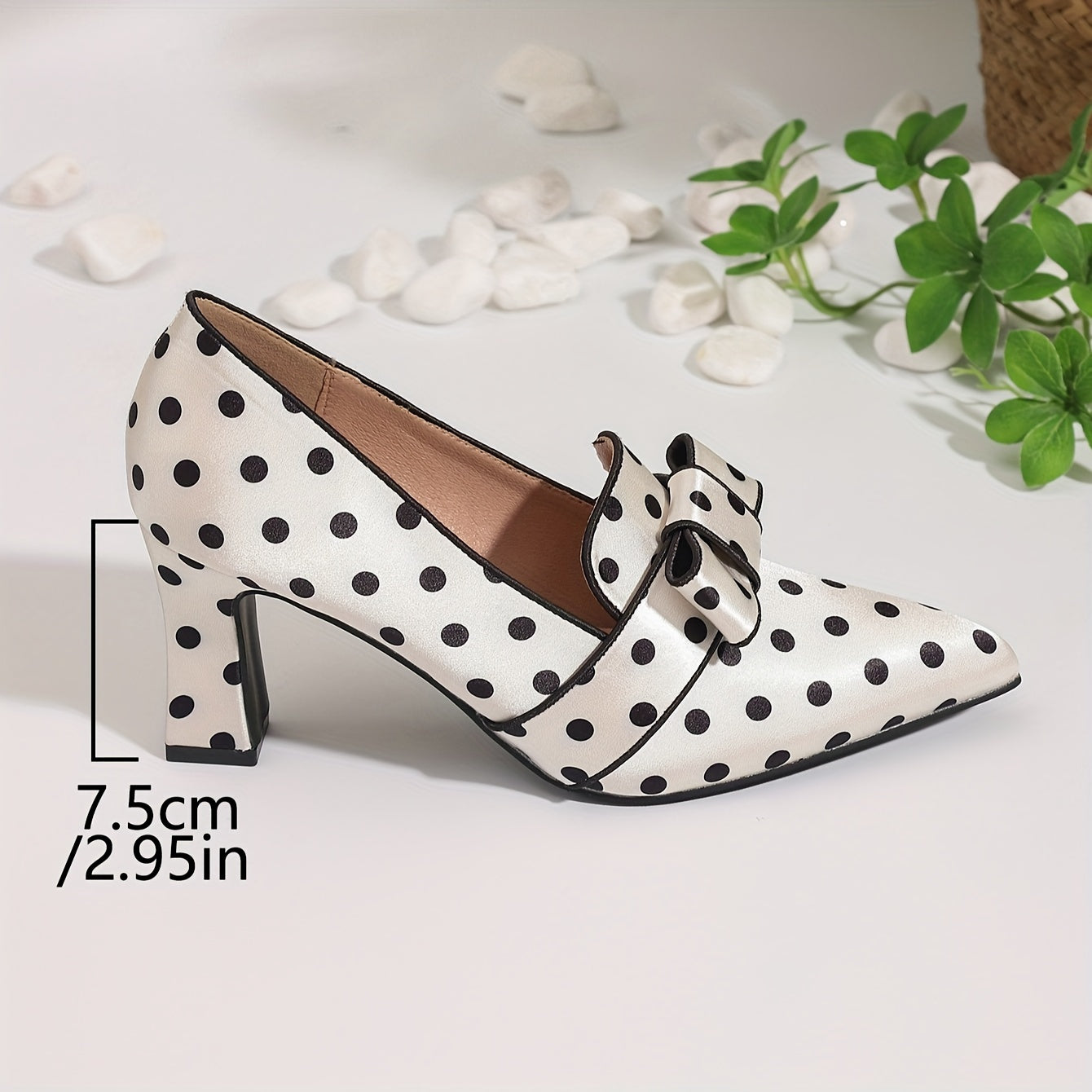 Women Polka Dot Bowknot Pumps Pointed Toe Chunky Heel for Parties