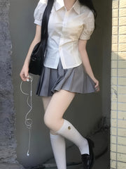 Solid Color Short Sleeve Button Front Blouse with Tie Back for Teen Summer