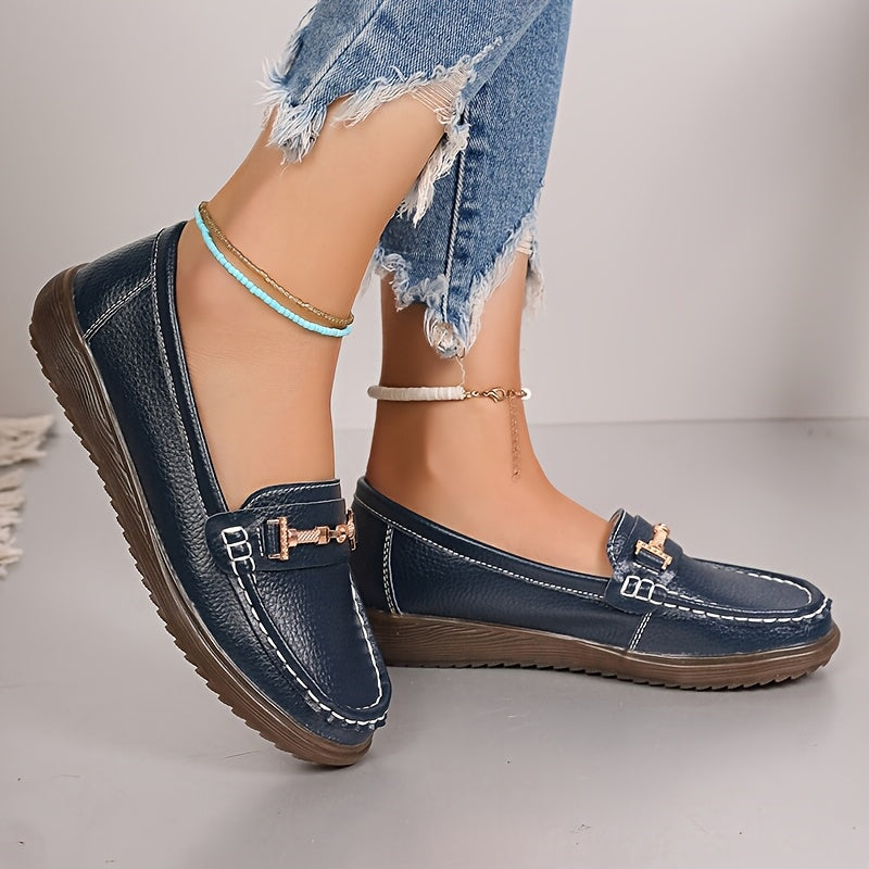 Women's Pu Cover Loafers with Metal Buckle Non-Slip Casual Shoes