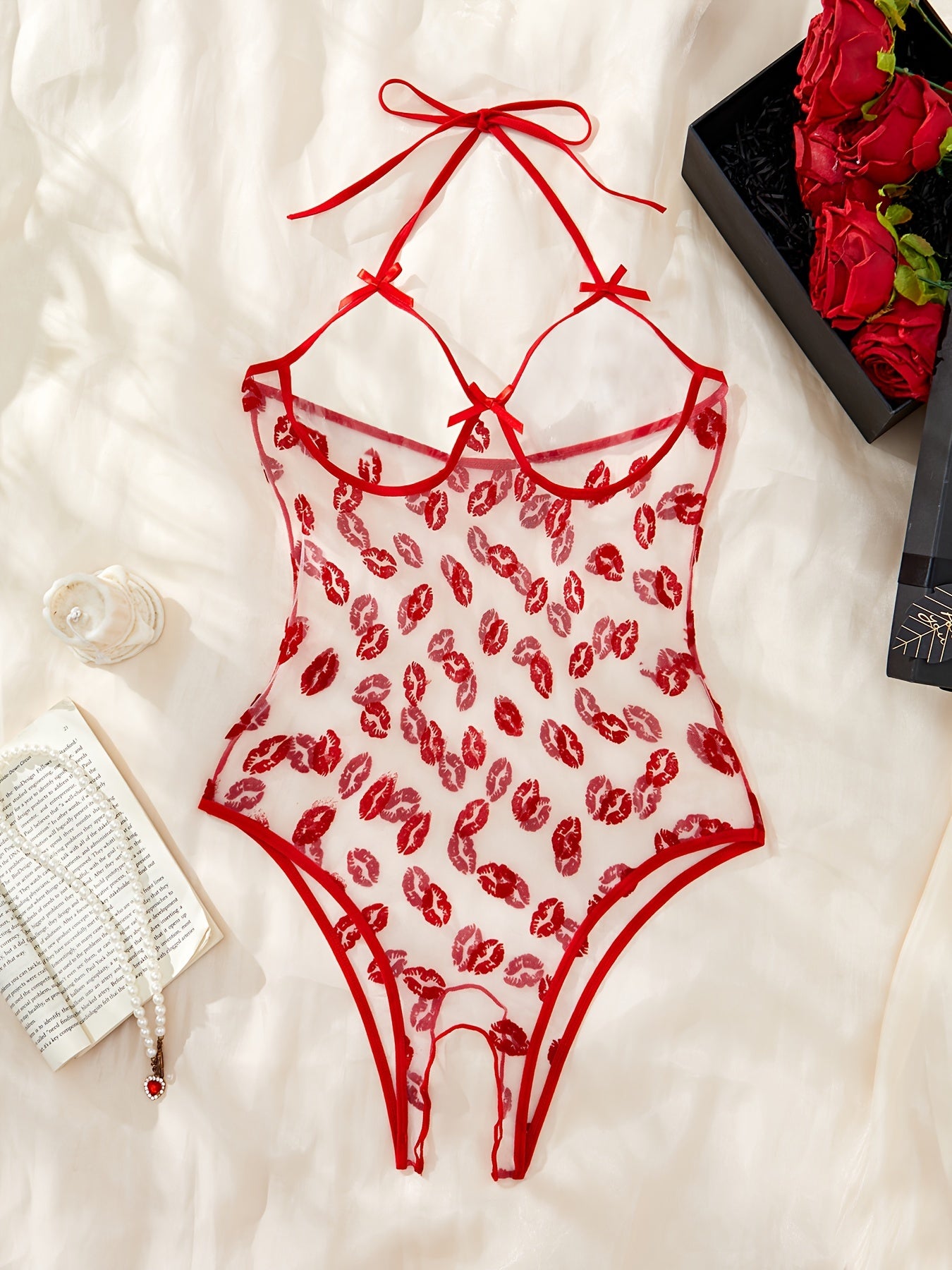 Women's Red Lip Print Bodysuit with Open Crotch