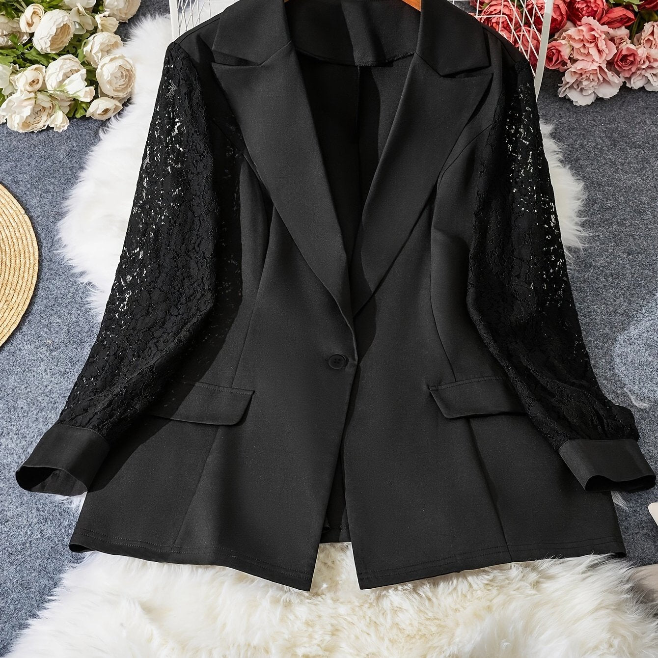 Women's Blazer with Lace Trim Polyester Elastane Fall Winter Machine Washable