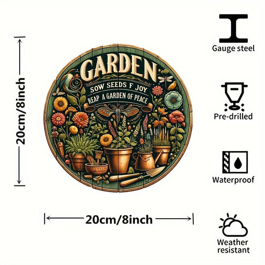 Rustik Yog'och Bog' Belgisi - 20.32 sm Dumaloq, Gullar va Qadimiy Asboblar Dizayni, Ilhomlantiruvchi Iqtibos, Bog'sevarlar va Tashqi Faoliyat Ishqibozlari Uchun Ideal