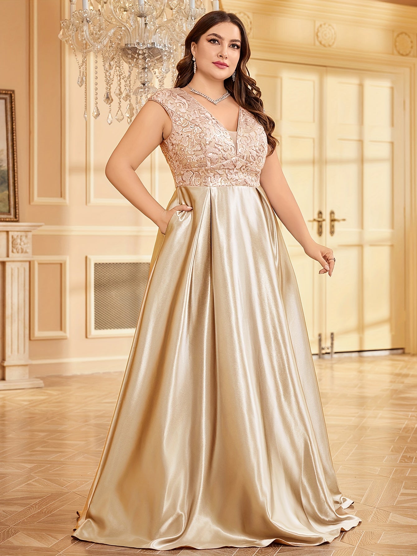 Plus Size Sequin Evening Dress Maxi Party Dress Slit Cocktail Gown