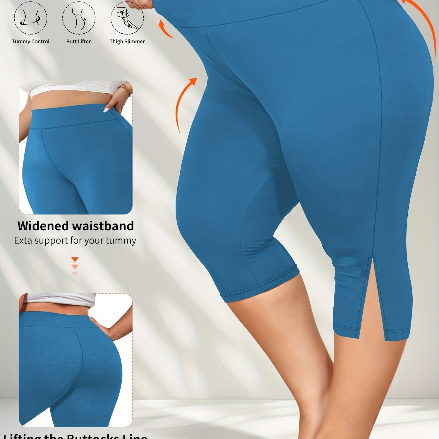 Plus Size Women's Flat Waist 7-Pocket Leggings with Side Slits for Spring Summer