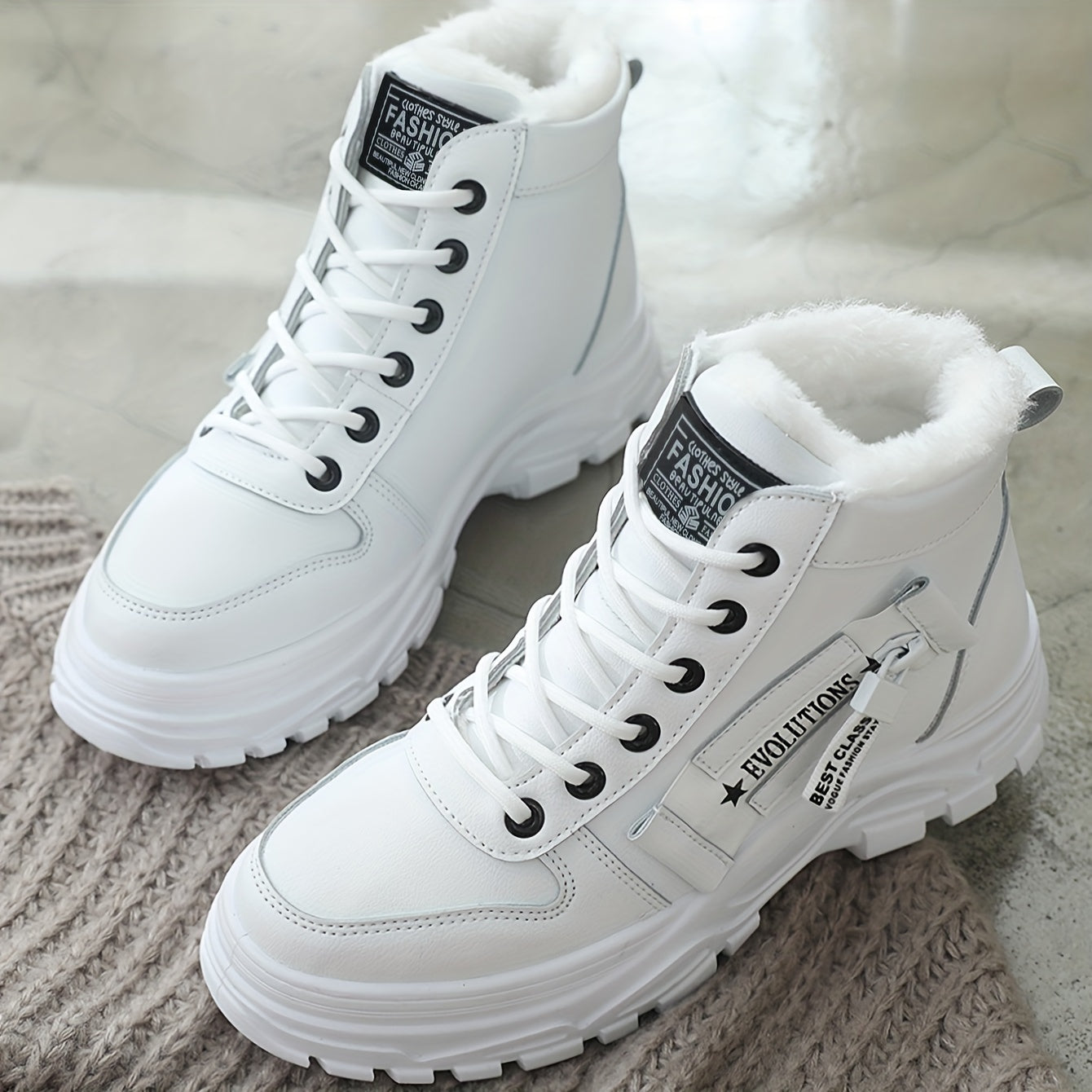 Women's High-Top Winter Boots Faux Fur Lined Waterproof Lace-Up White