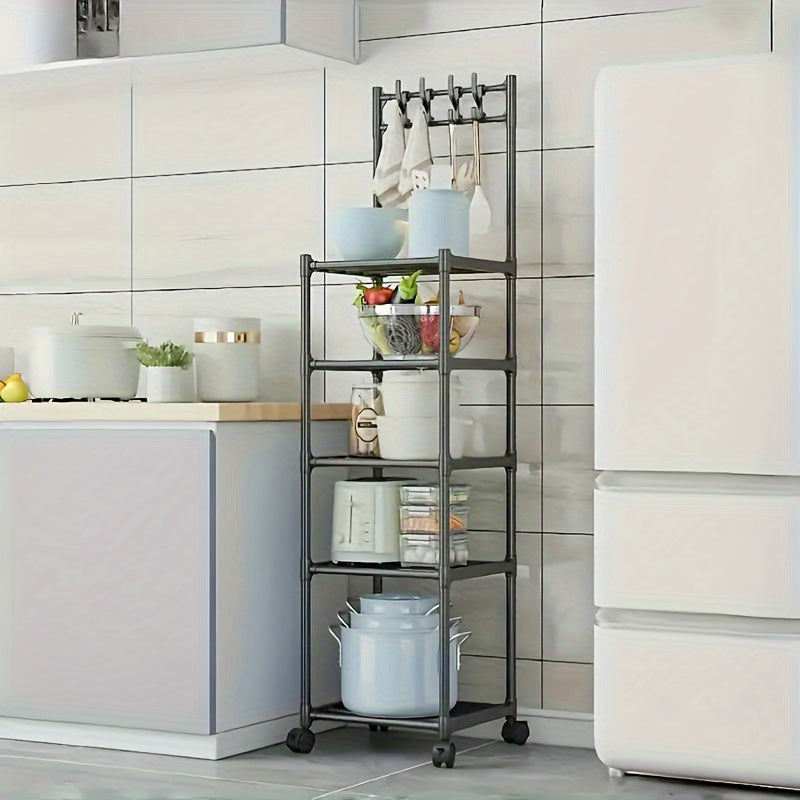 Estantería de almacenamiento de metal con ruedas y ganchos, organizador de múltiples niveles para cocina, baño y sala de estar
