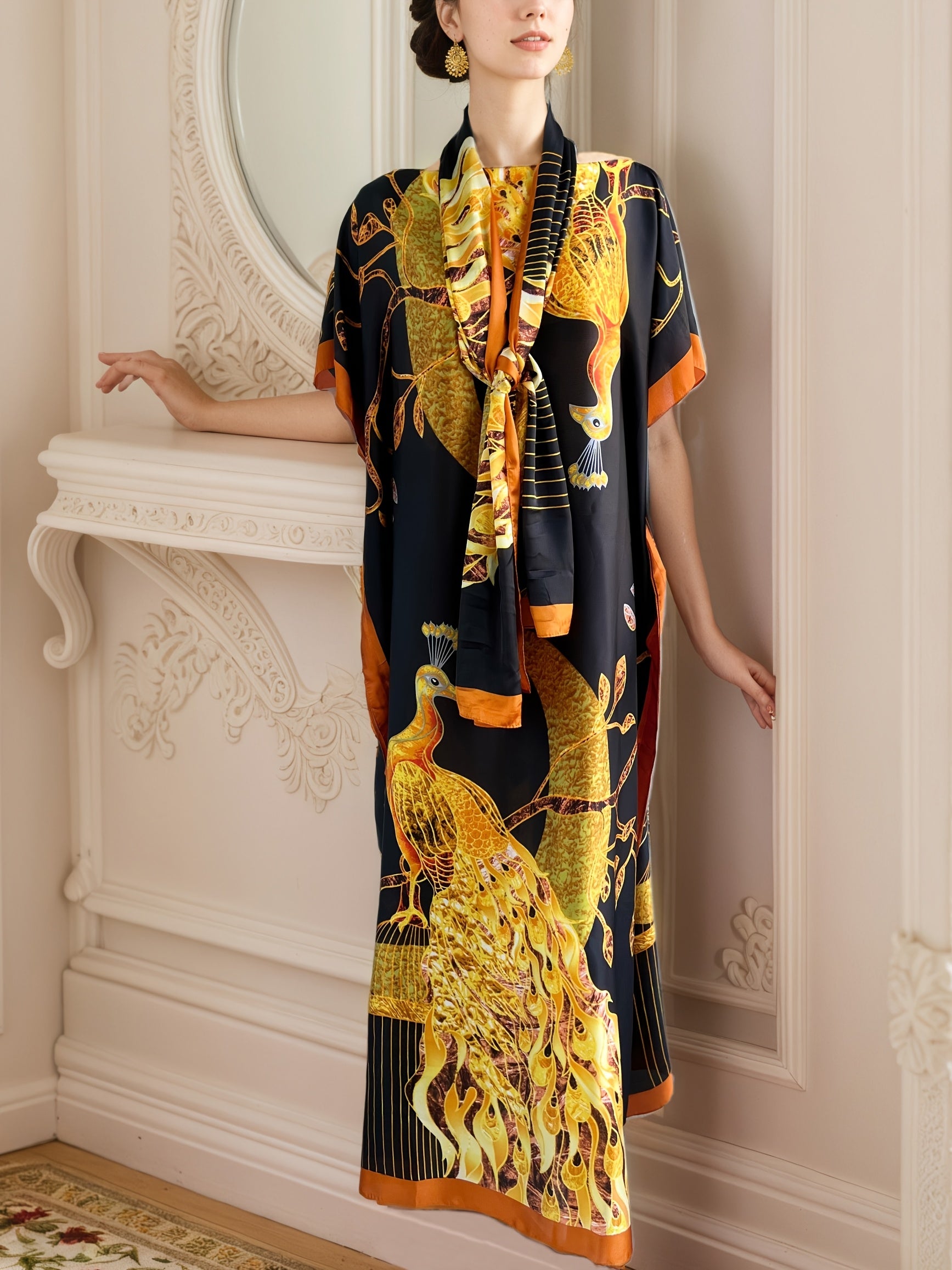 Plus Size Women's Black and Gold Printed Robe Dress with Scarf