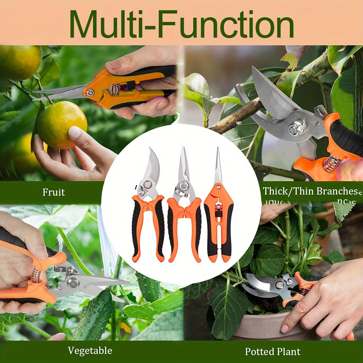 3-Piece Stainless Steel Garden Pruning Shears Set Non-Slip Handles High-Tension Springs Modern Blades