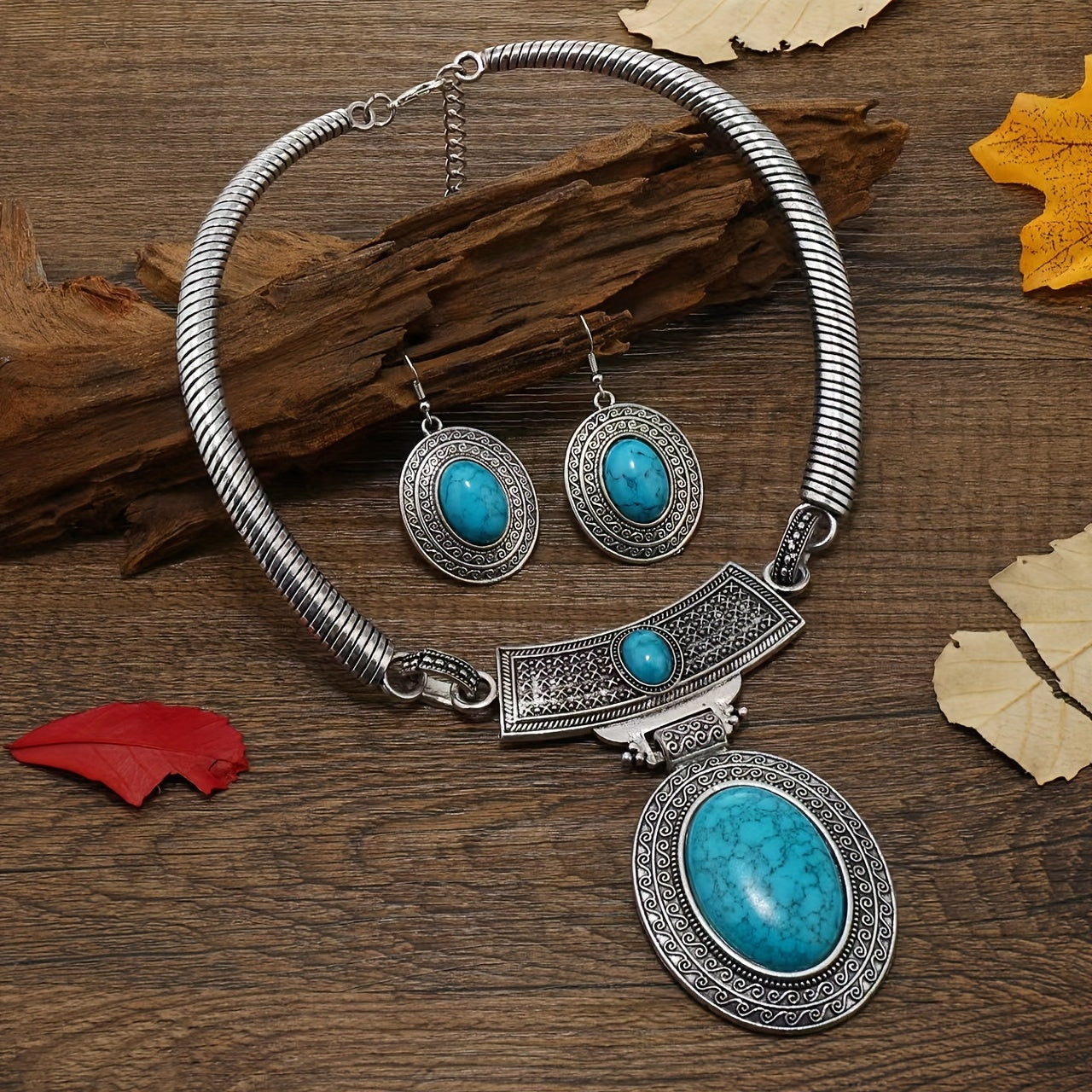 Boho Style Jewelry Set with Gemstone Inlays and Retro Carving Earrings Necklace for Daily or Party Wear