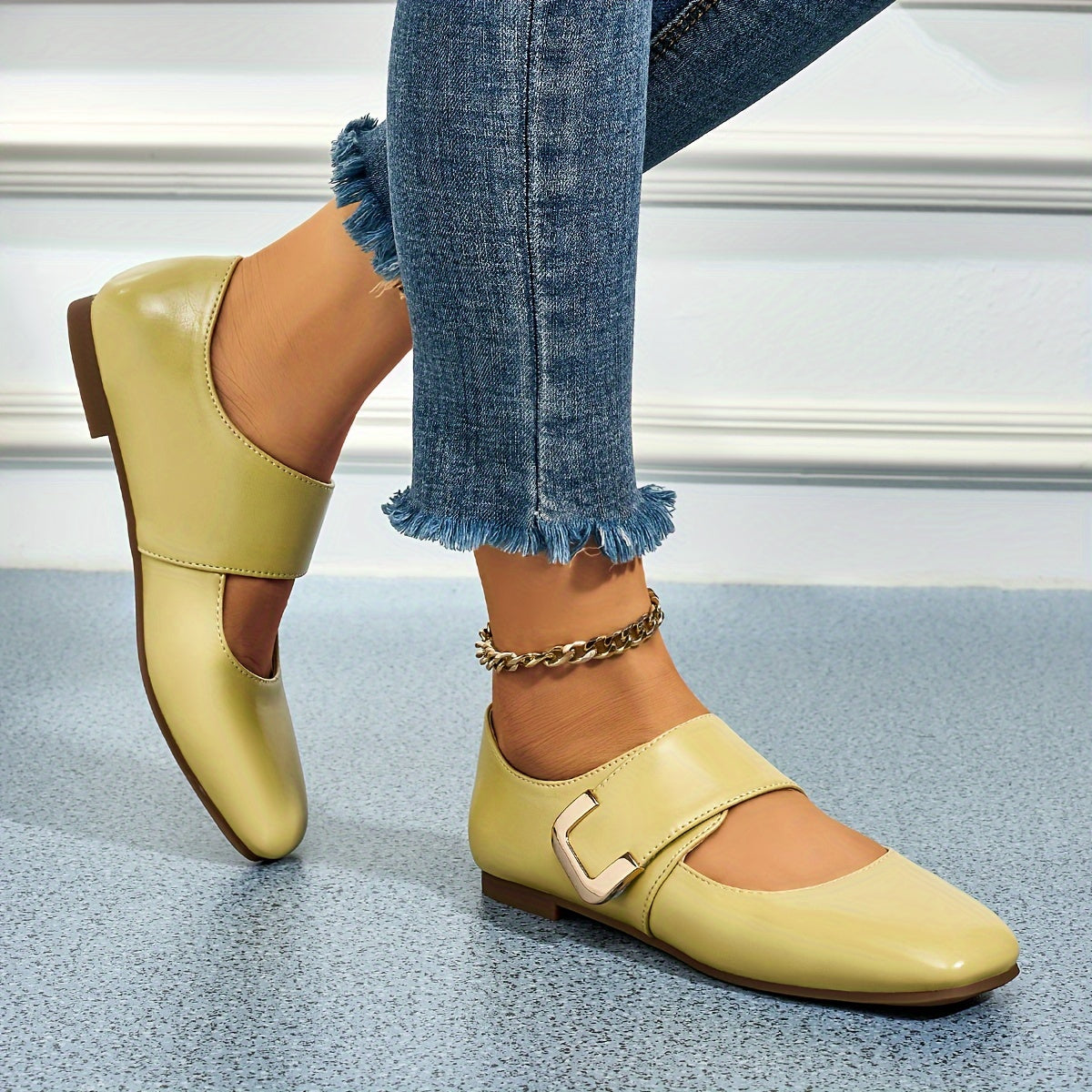 Women's Mary Jane Flats Faux Leather Square Toe College Style All-Season Non-Slip