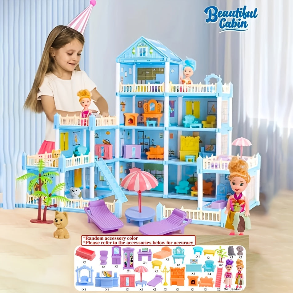 Luxury 4-Story Dollhouse Set with 4 Dolls and Accessories for Children Ages 3+ Pink or Blue