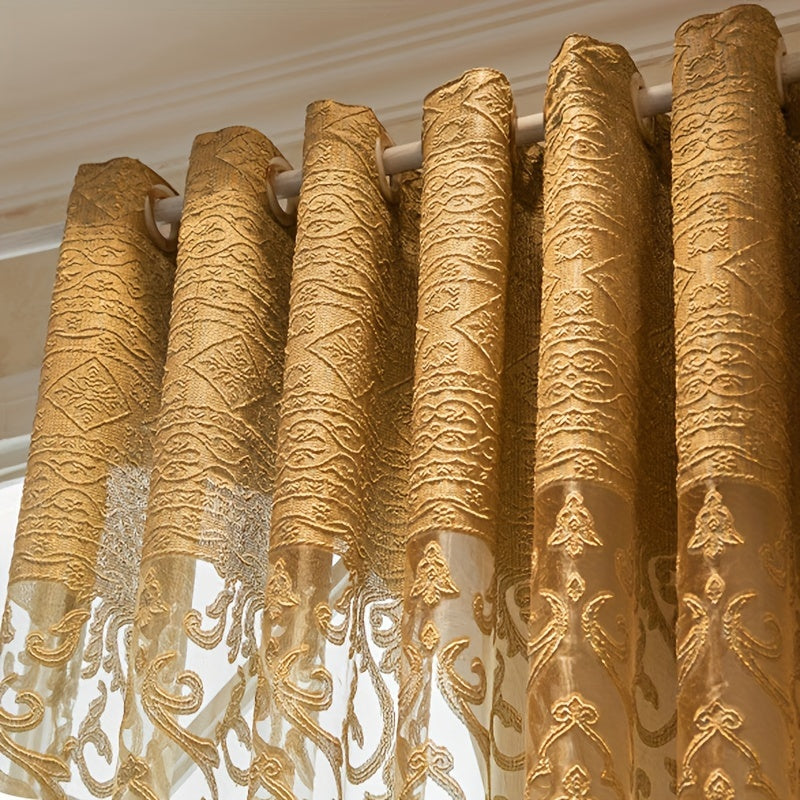 Cortinas de gasa de lujo con ojales, poliéster de tul con diseño jacquard dorado para sala de estar y dormitorio