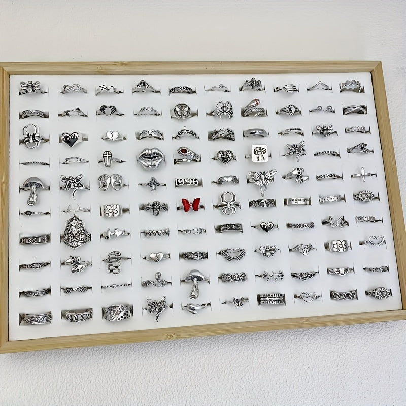 Antik Kumush Qotishma Halqalar Retro Punk Gotik Dizaynlar bilan - 30/50/100 Dona to'plami, Qushlar, Qasrlar va Ilonlar bilan - Erkaklar va Ayollar uchun Hip Hop Partiyalarida Mukammal Zargarlik Sovg'asi