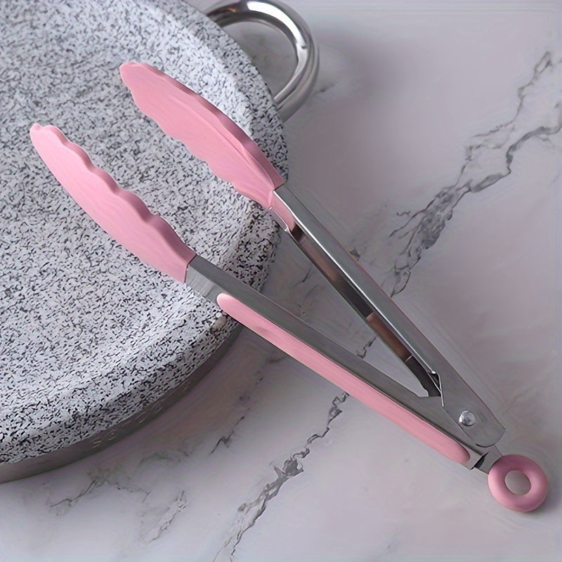 Xavfsiz pishirish va BBQ uchun ergonomik silikon boshli stainless steel oziq-ovqat tongs.