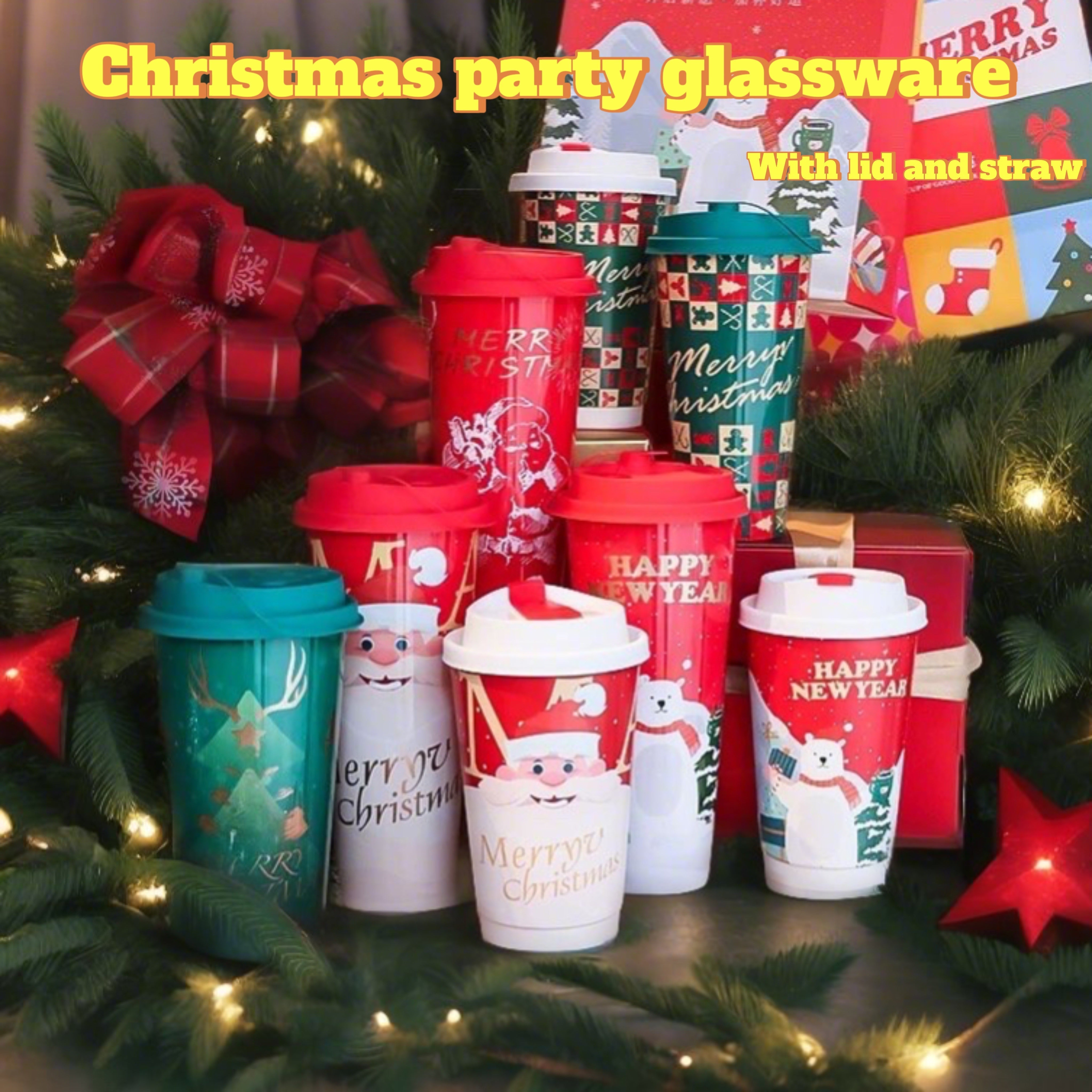 Set of 25 Christmas Themed Reusable Cups with Lids for Hot Cold Drinks