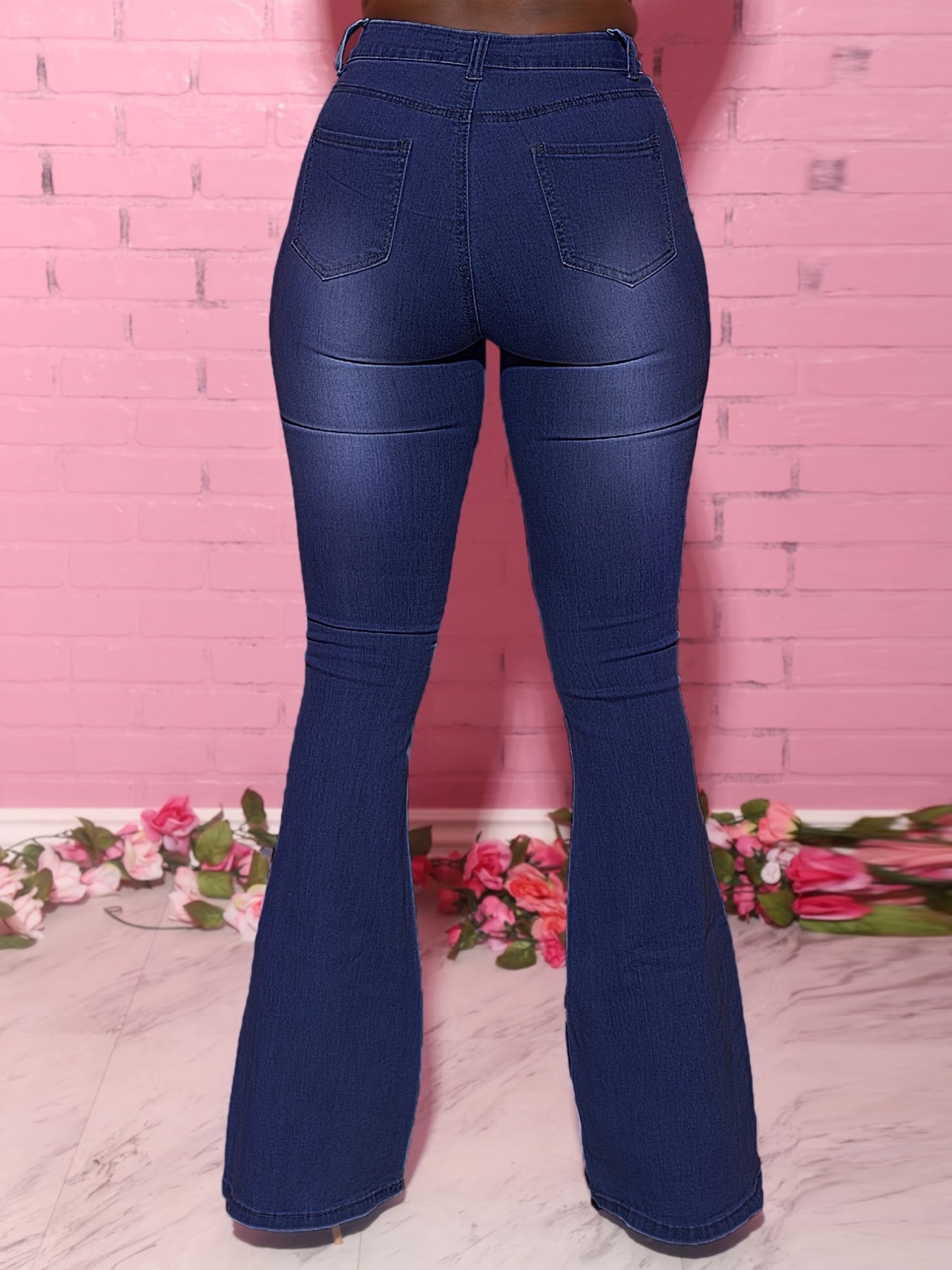 Plus Size Navy Blue Flare Jeans for Women High-Waisted Stretch Denim