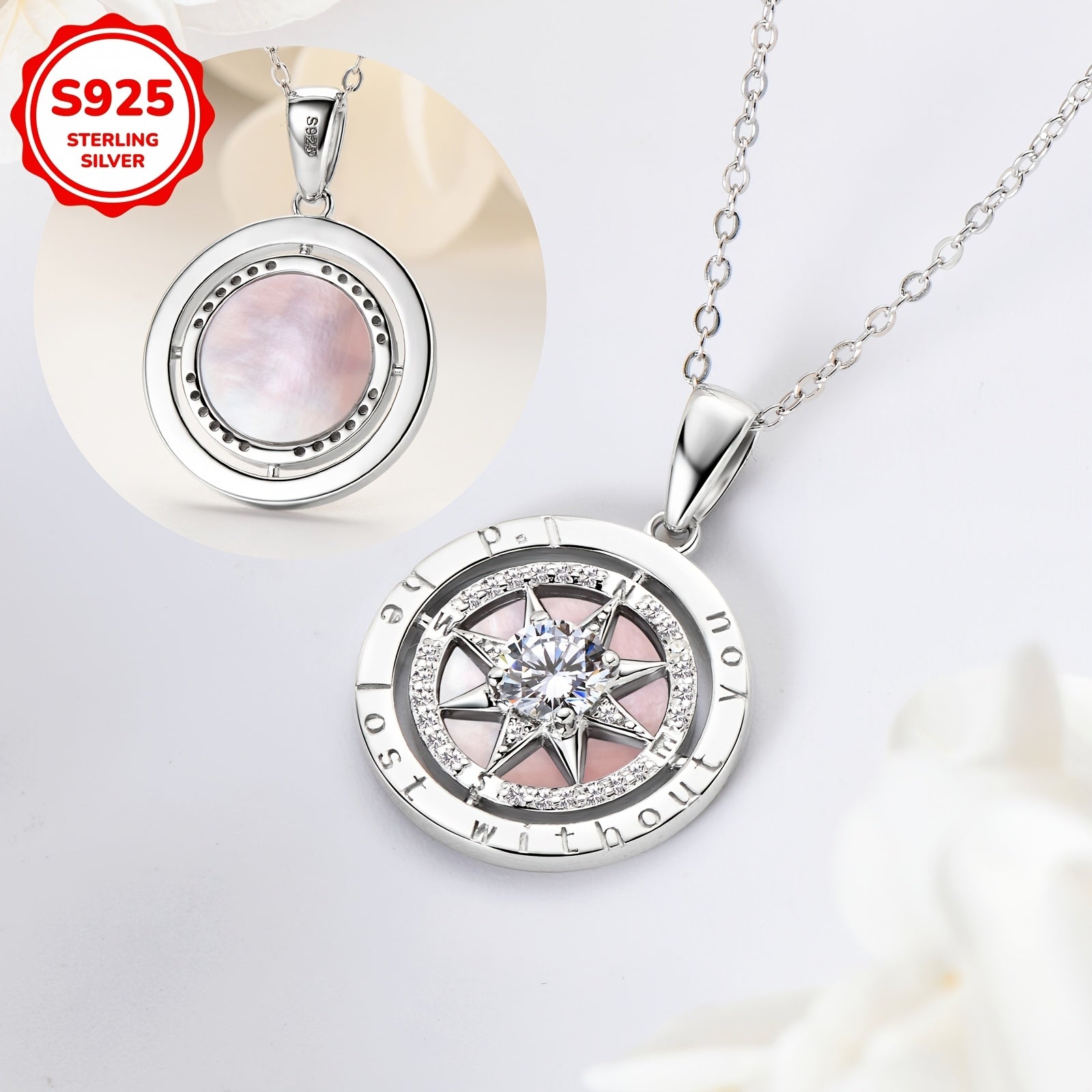 Ожерелье с подвеской в виде компаса, выполненное из серебра 925 пробы, украшенное белыми кубическими циркониями и розовым перламутром, с цепочкой 45+5 см в комплекте - идеальный подарок на выпускной.