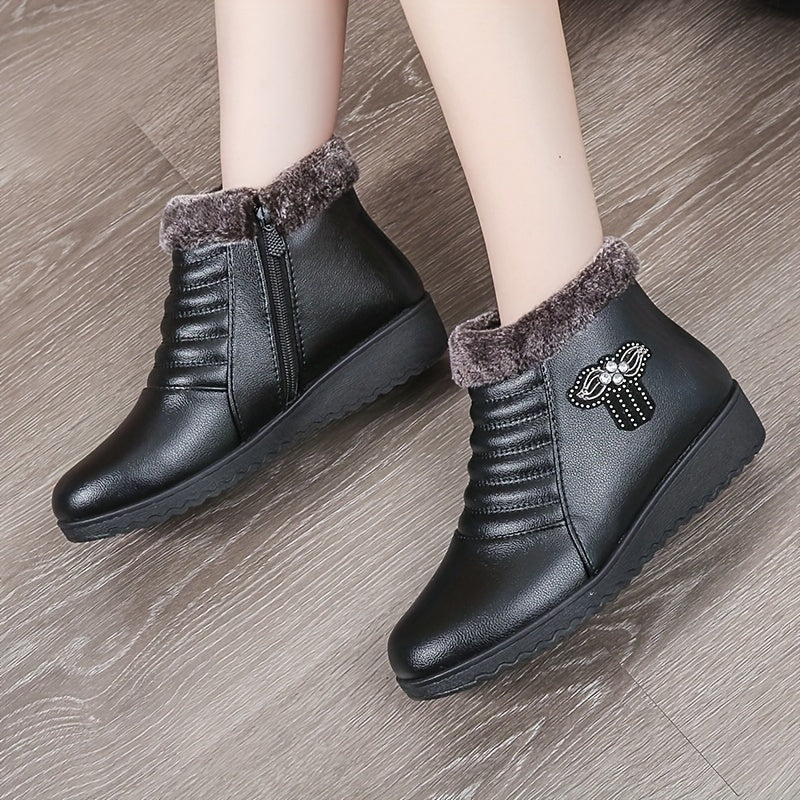 Women's Leather Ankle Boots Winter Fleece-Lined Non-Slip Flat Sole
