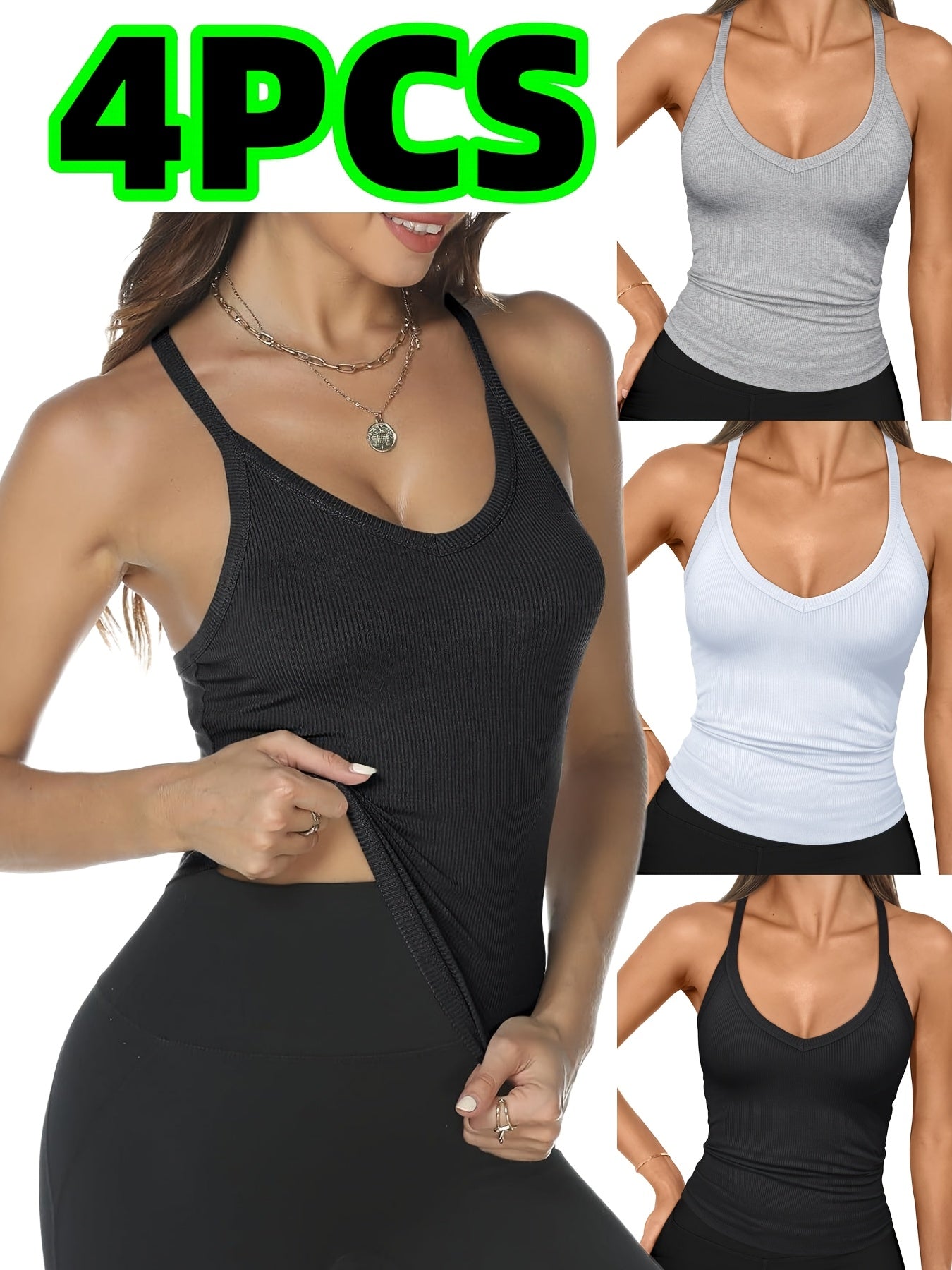 4-Pack Women's V-Neck Camisole Tops Polyester Stretch Knit Sleeveless Slim Fit