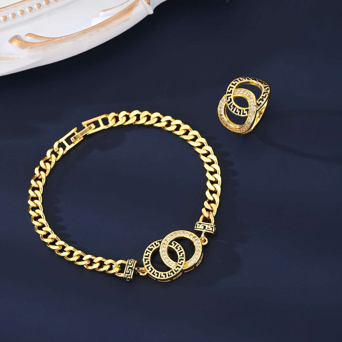 Golden Plated Jewelry Set 5 Pieces Arabian Style Synthetic Zirconia Copper for Women