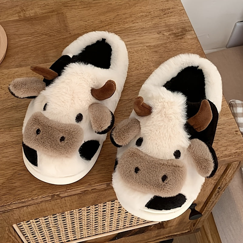 Women's Plush Slippers with Heart or Cow Head Design in 2 Colors for Winter Warmth