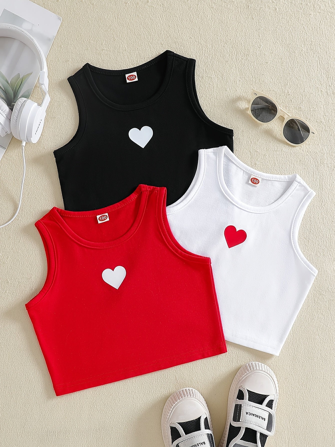Girls' Cotton Blend Tank Tops with Heart Pattern for Ages 12 and Under