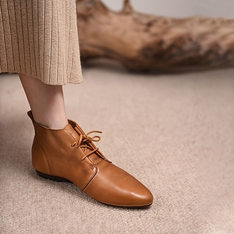 Women's Brown Leather Pointed Toe Ankle Flat Boots Winter Comfortable