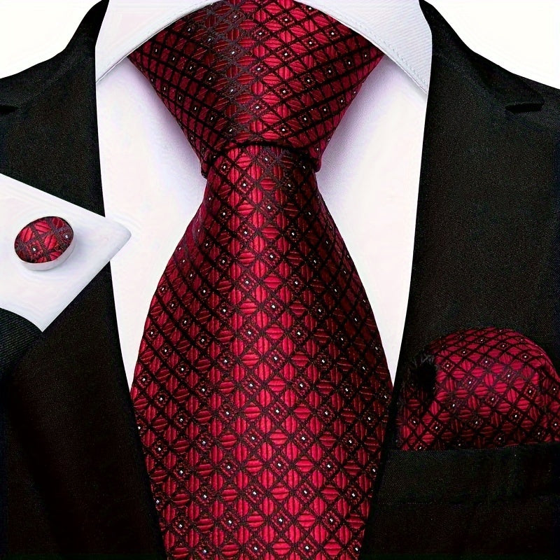 Men's Striped Necktie Set with Cufflinks and Pocket Square for Business and Parties