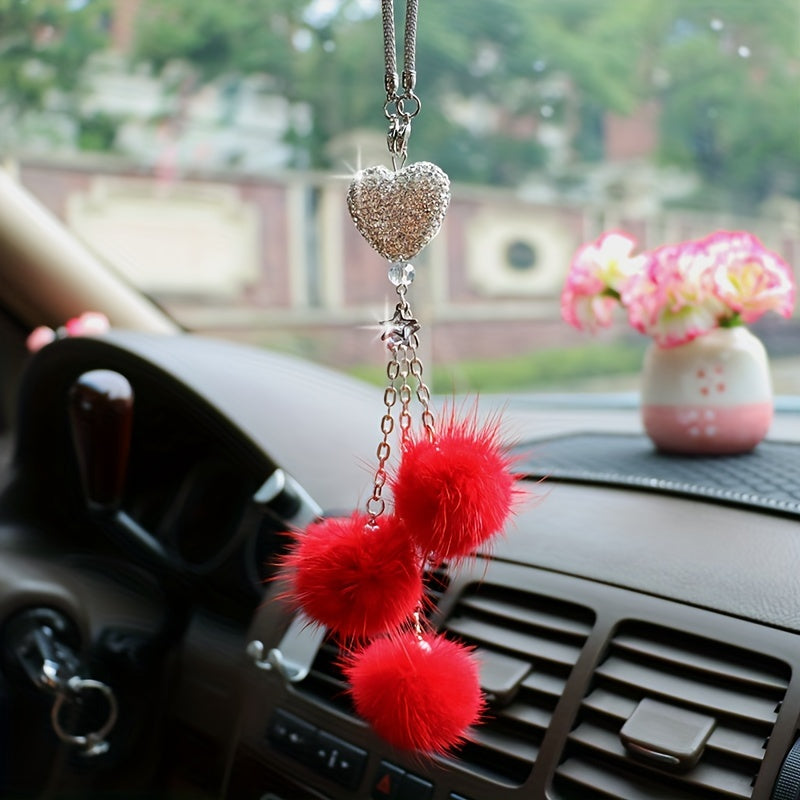 Women Girls Rhinestone Plush Ball Car Ornament Bling Love Heart