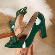 Ayollar uchun yuqori stilettolar, yaltiroq yuzali, nuqtali barmoqli, blok poyafzal, bilak bog‘lamli