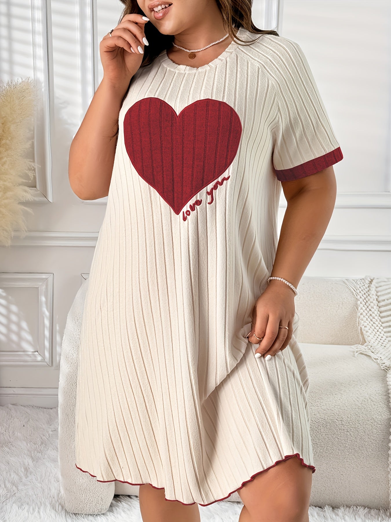 Women's Plus Size Color Block Heart Embroidered Sleep Dress Lounge Nightgown