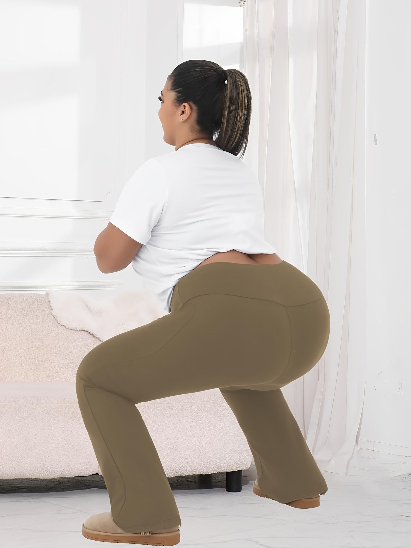 Plus Size Women's Soft High Waist Plush Flare Leggings Tummy Control