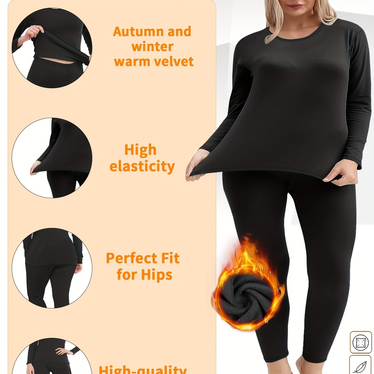 Plus o'lchamli termal ichki kiyim to'plami, mo'yna bilan qoplangan, dumaloq bo'yin, asosiy to'liq rang