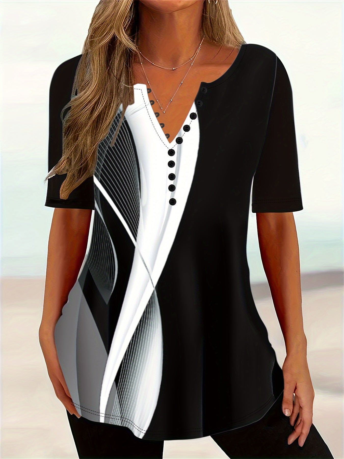 Топ с V-образным вырезом для полных женщин с 3D геометрическим принтом, полиэстер, летняя повседневная блузка