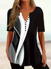 Ayollar uchun zamonaviy plus-size V-yuzi bluzka, 3D geometrik print bilan, cho'ziluvchan polyester, mashinada yuvish mumkin, tugma, astarli, yozgi norasmiy kiyim uchun mukammal.